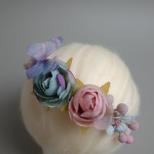 Load image into Gallery viewer, Newborn Floral Headpiece - Purplish Blue Butterfly Garden